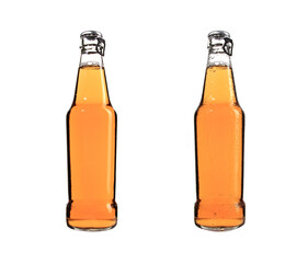 Closeup of a set of dry and wet yellow beer bottles isolated on white background