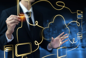 Cloud computing technology and online data storage for global data sharing. Computer connects to...