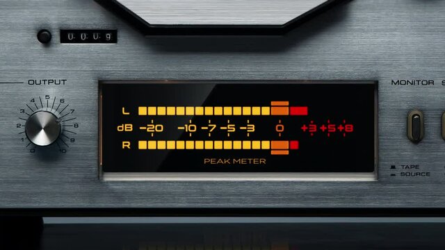 Stereo retro peak meter. Realistic animation indicating visually the level of an audio signal with orange and red bars and a mechanical counter. Very slow camera pan.