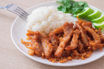 Fried pork with garlic and sticky rice on plate, Thai food