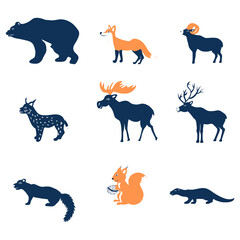 Cartoon forest vector animals. flat illustration, colorful fox, ram, sable, bear, cute elk, deer, lynx, squirrel, otter isolated on white backdrop, decorative symbols for design pattern, greeting card