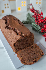sweet Chocolate Gingerbread Cake on festive background
