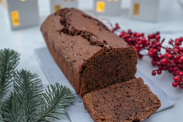 sweet Chocolate Gingerbread Cake on festive background