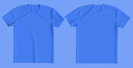 men's blue short sleeve t-shirt mockup in front and back views, design presentation for print, 3d illustration, 3d rendering