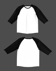 men's white raglan t-shirt mockup in front and back views, design presentation for print, 3d illustration, 3d rendering
