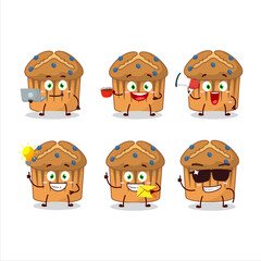Blueberry muffin cartoon character with various types of business emoticons