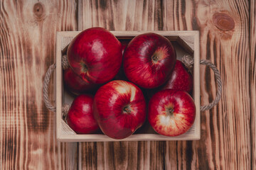 Box Of Red Apples. Rustic style . Top view