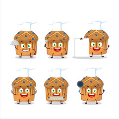 Cartoon character of blueberry muffin with various chef emoticons