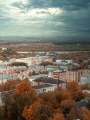 Obraz premium Kirov city, Russia, Europe. City view. Bird's-eye view. Urban development, monastery, forest. City landscape. Golden autumn, Vyatka.