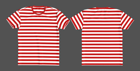 men's striped short sleeve t-shirt mockup in front, and back views, design presentation for print, 3d illustration, 3d rendering