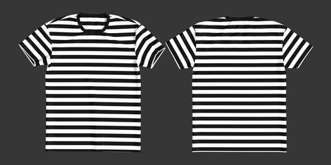 men's striped short sleeve t-shirt mockup in front, side and back views, design presentation for print, 3d illustration, 3d rendering