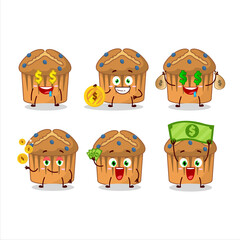 Fototapeta premium Blueberry muffin cartoon character with cute emoticon bring money