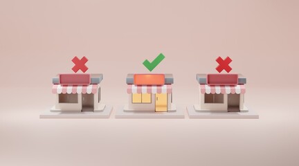 Check Mark, Wrong Mark on top front store with blank store signage at night time. 3d rendering.