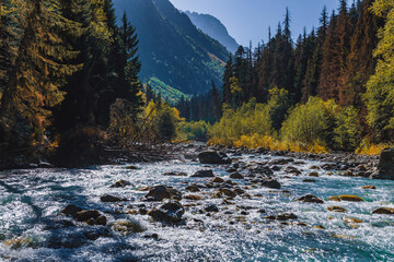 Canyon of mountain river with blue water. Autumn in Caucasus mountain. Hiking and eco tourism in mountain.