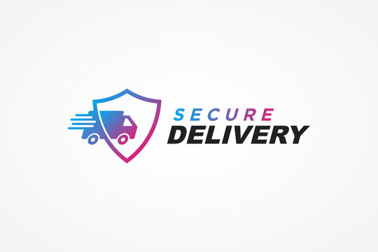 Safe Delivery Logo. Blue and Purple Shield Icon with Fast Shipping Truck Combination isolated on White Background. Flat Vector Logo Design Template Element.