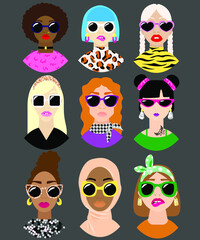 Girls in trendy sunglasses retro poster. Beautiful woman's face. Variety of ethnicities, hair colours and hairstyles. Feminism and women rights concept.