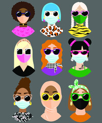 Girls in trendy sunglasses in medical mask. Variety of ethnicities, hair colours and hairstyles. Feminism and women rights concept.