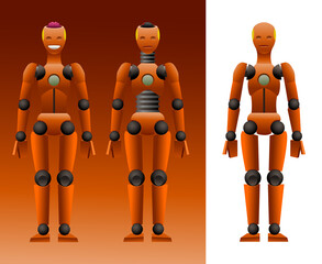 orange dummy for crash test with pink brains & smile, mechanical mannequin, artificial intelligence concept, color vector illustration, isolated on a white background
