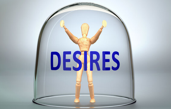 Desires can separate a person from the world and lock in an invisible isolation that limits and restrains - pictured as a human figure locked inside a glass with a phrase Desires, 3d illustration