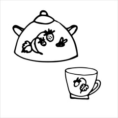 Black and white image of a cup and teapot. Design for the kitchen, logo, print, menu.