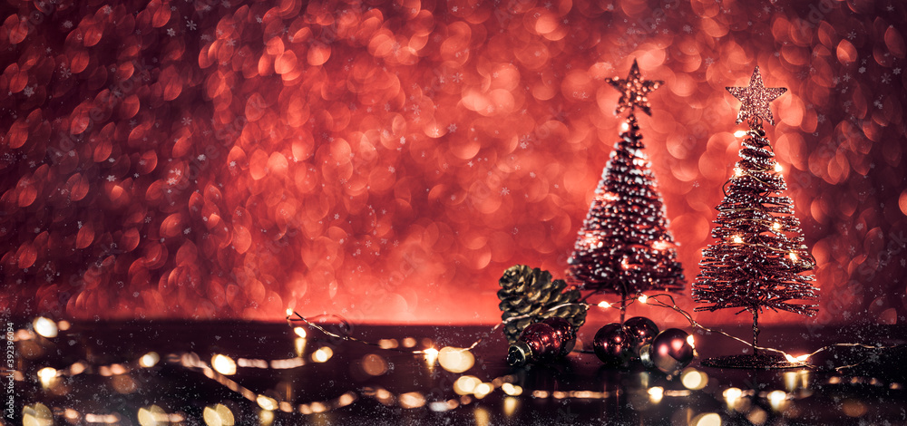 Poster merry christmas tree and happy new year background on red glitter sparkling string lights festive bo