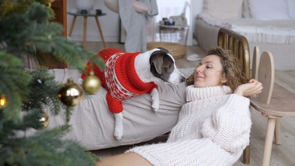Happy moments of winter family holidays. Girl laughing at dog trying to find treat in her hand in pastel bedroom with Christmas tree