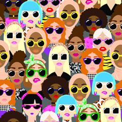 Seamless pattern with female faces. Variety of ethnicities, hair colours and hairstyles. Feminism and bodypositive concept.