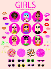 Set with girls in trendy sunglasses, accessories, earrings, hair accessories, kiss. Beautiful woman's face. Variety of ethnicities, hair colours and hairstyles. Feminism and women rights concept.