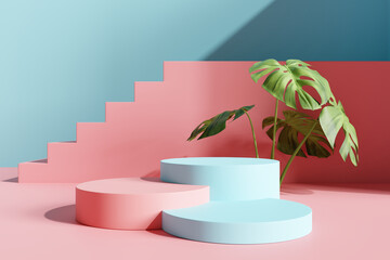 Product display podium with monstera leaves on pink and blue pastel  background. 3D rendering © nawapon