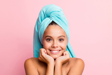 Close up portrait of cute nice girl wear turquoise towel on head hands cheeks isolated on pastel pink color background