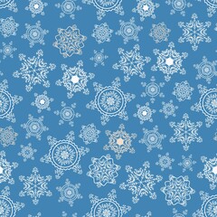 Lace pattern from elegant snowflakes on a blue background. Winter snowy background from falling snowflakes. Incredible Christmas falling snow. Vector seamless pattern.