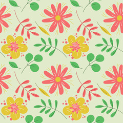 Floral seamless pattern. Vector flowers. Color sketch. Doodle background. Green leaves