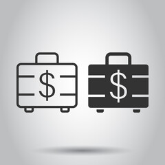 Money briefcase icon in flat style. Cash box vector illustration on white isolated background. Finance business concept.