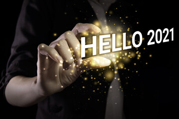 Hello new year 2021 with hand.
