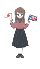 イギリス国旗と日本国旗を持つおねえさん・ベクター	
