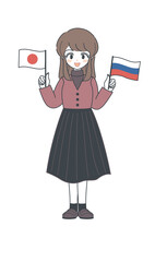 ロシア国旗と日本国旗を持つおねえさん・ベクター