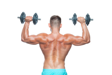 Fototapeta na wymiar Back view of muscular body and strong hands lifting heavy dumbbells isolated over white background
