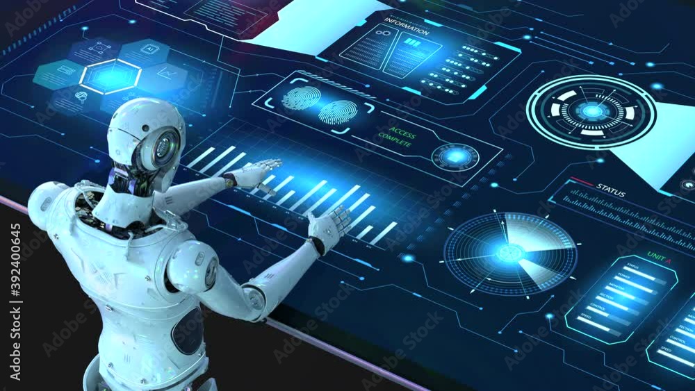 Poster 3d rendering robot working with hud or graphic display 4k footage