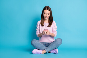 Full body size photo of lovely pretty young girl sitting floor crossed legs hold telephone dreamy...