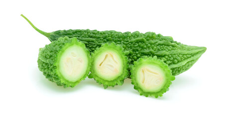 Bitter melon or Bitter gourd with half sliced isolated on white background