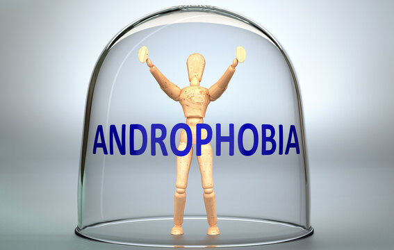 Androphobia can separate a person from the world and lock in an isolation that limits - pictured as a human figure locked inside a glass with a phrase Androphobia, 3d illustration