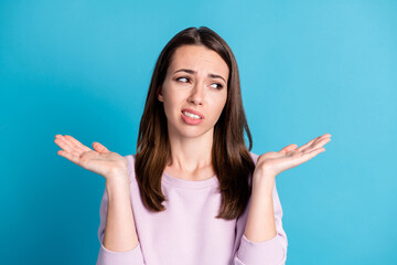 Close-up portrait of her she nice attractive pretty indifferent girl shrugging shoulders don't know solution isolated over bright vivid shine vibrant blue color background