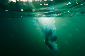 Swimmer jumps into the baltic sea photographed from an underwater perspective