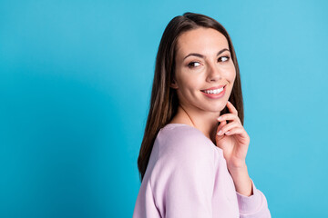 Fototapeta premium Closeup profile photo pretty charming cute lady good mood look side empty space interested white teeth smile finger chin wear casual pink sweatshirt pullover isolated blue color background