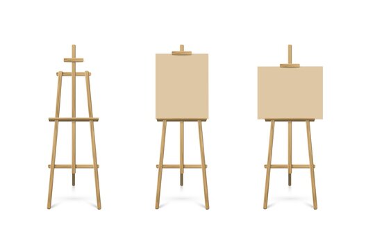 Easel standing with beige board or canvas set. Blank blackboard on wooden tripod for art, painting, drawing or announcement vector illustration. Studio equipment on white background