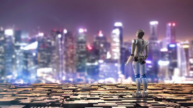 3d rendering android robot with cityscape background 4k footage