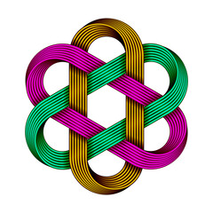 Hexagonal chinese knot made of crossed colored wires. Traditional ancient symbol.
