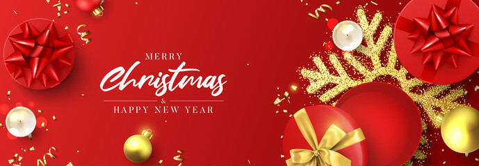Fototapeta na wymiar Merry Christmas and Happy New Year banner. Holiday background with gift boxes, Christmas balls, burning candles, golden serpentine, snowflake and confetti. Vector illustration.
