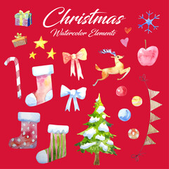 Watercolor Christmas elements, gift boxes, stars, socks, bow, deer, apple, balls, Christmas tree, Christmas wand, snowflake, hearts, Christmas flags.