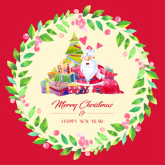 Watercolor christmas card decoration with green leaves around. Santa Claus with a gift box and a Christmas tree in the middle. 